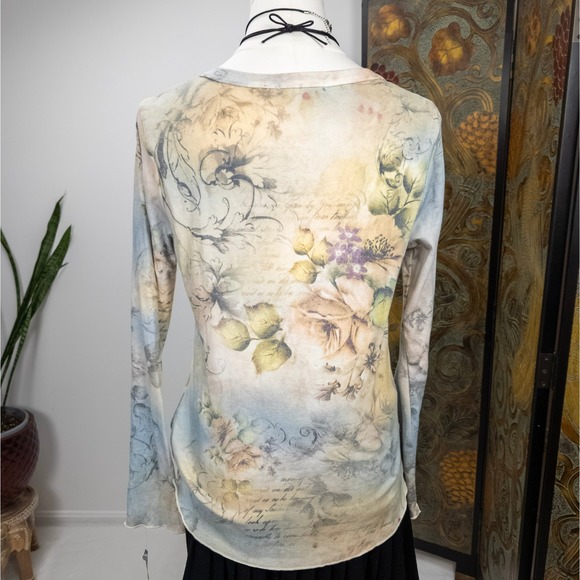 Y2K Fairy Floral Henley Top Womens Sheer Long Sleeve‎ Rhinestone Detail - Picture 2 of 7